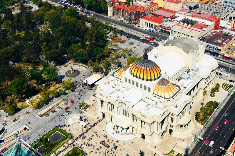 Mexico City skyline with the Palacio de Bellas Artes and modern skyscrapers