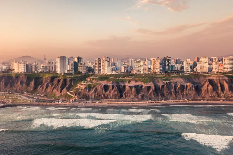 Lima cityscape with modern buildings along the Pacific coast at Miraflores